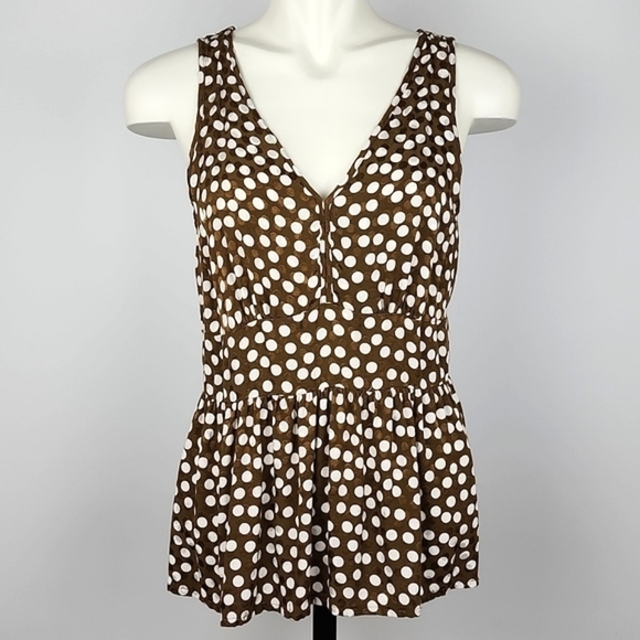 J. Crew Women's Jacquard Peplum Top Brown White Polka Dots Sleeveless Sz  10 - Picture 1 of 13